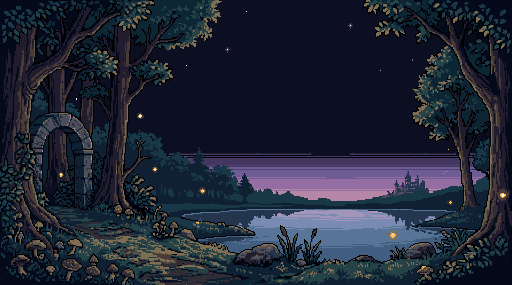 A pixel-art forest, with a stone arch on the left and a lake below the violet evening sky.